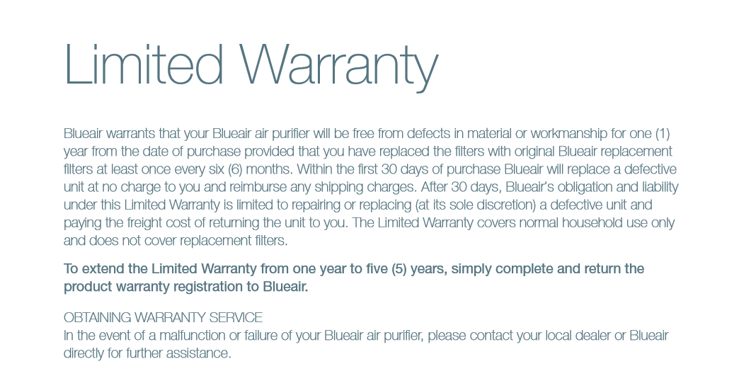 BlueAir  purifier Limited warranty