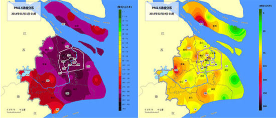 2014年和2015年大年初一凌晨1时上海全市PM2.5小时浓度空间分布